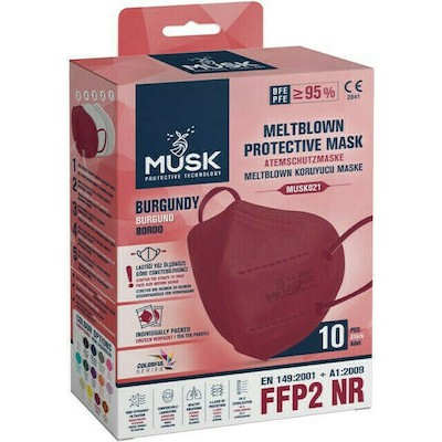 MUSK Meltblown Protective Μάσκα Προσώπου Υψηλής Προστασίας KN95-FFP2 Χωρίς Βαλβίδα Μπορντώ x10 τμχ
