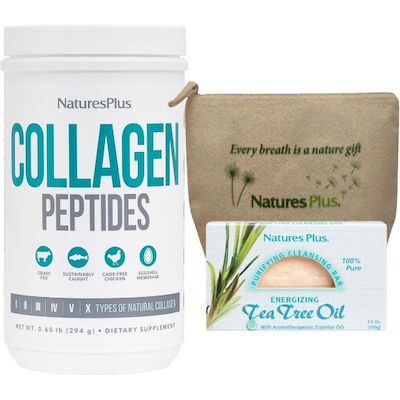 NATURES PLUS Collagen Peptides 294g Συμπλήρωμα Διατροφής, Ολοκληρωμένη Φόρμουλα Πεπτιδίων Κολλαγόνου Για Μέγιστη Απορρόφηση & Δώρο Αποτοξινωτικό Σαπούνι & Δώρο Νεσεσέρ