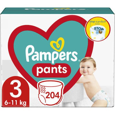 PAMPERS Pants Βρεφικές Πάνες Βρακάκι Νο 3 6-11kg Monthly Pack 204 Τεμάχια