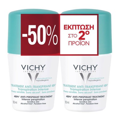 VICHY Deodorant 48h Intensive Anti-Perspirant Roll-On 2x50ml Duo Promo με -50% στο 2ο προϊόν