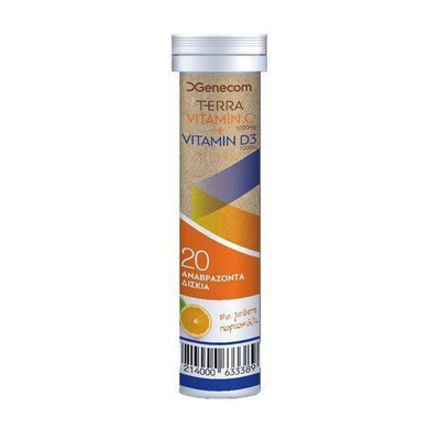 GENECOM Terra Vitamin C 1000mg & Vitamin D3 1000IU Συμπλήρωμα Διατροφής Με Βιταμίνη C & D Με Γεύση Πορτοκάλι x20 Αναβράζοντα Δισκία