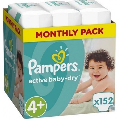 PAMPERS Baby Diapers Active Baby Dry No.4 + 9-16Kgr 152 Pieces Monthly Pack