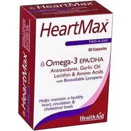Health Aid Heartmax 60 caps. Πρωτοποριακή σύνθεση από Ωμέγα 3, Αντιοξειδωτικά, Έλαιο σκόρδου, Λεκιθίνη, Αμινοξέα και Λυκοπένιο για δυνατή καρδιά, καλό κυκλοφορικό και χαμηλή χοληστερίνη.