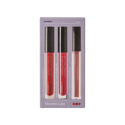 KORRES Morello Lips Set Με Lipfluid No 52 Poppy Red, 3.4ml & No 29 Strawberry Kiss, 3.4ml & Lipgloss No 31 Bronze Nude 4ml