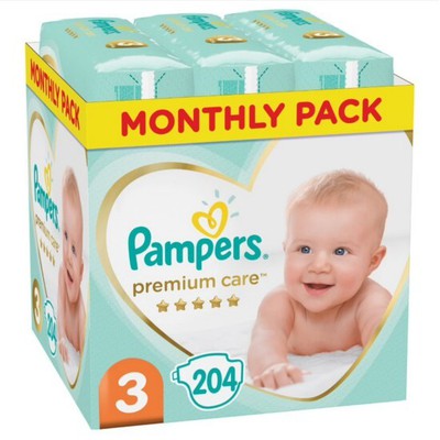 PAMPERS Baby Diapers Premium Care No.3 6-10Kgr 204 Pieces Monthly Pack