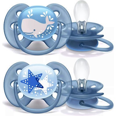 AVENT Ultra Soft Ορθοδοντική Πιπίλα Σιλικόνης Με Κρικάκι Για 6-18 Μηνών 2 Τεμάχια Μπλε [SCF223/03]