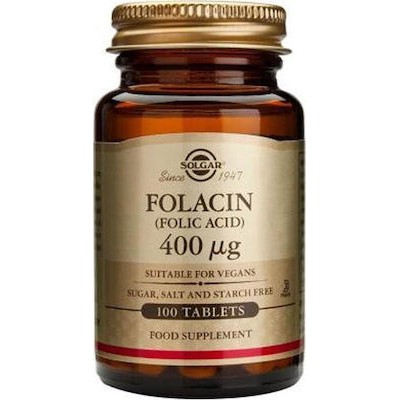 SOLGAR Folacin 400μg Συμπλήρωμα Διατροφής Με Φυλλικό Οξύ Για Τη Φυσιολογική Αιμοποίηση & Σύνθεση Των Αμινοξέων & Λειτουργία Του Ανοσοποιητικού 100 Δισκία