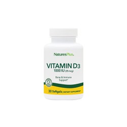 Natures Plus Vitamin D3 1000IU Συμπλήρωμα Διατροφής Βιταμίνης D3 Για Την Καλή Λειτουργία Των Οστών Δοντιών & Ανοσοποιητικού 30 μαλακές κάψουλες