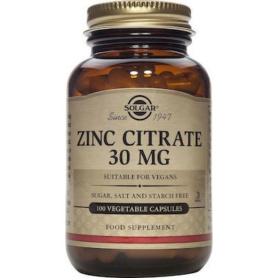 SOLGAR Zinc Citrate 30mg Συμπλήρωμα Διατροφής Με Κιτρικό Ψευδάργυρο Για Την Καλή Υγεία Σε Δέρμα, Μαλλιά & Νύχια x100 Φυτικές Κάψουλες