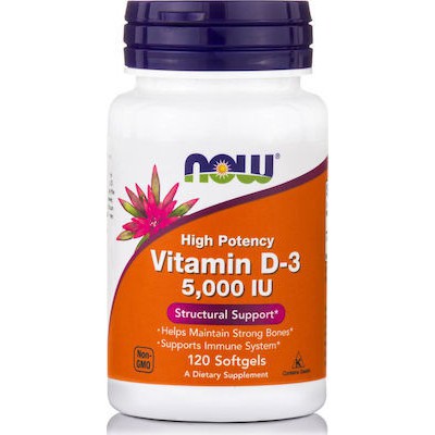 NOW FOODS Vitamin D3 5000 IU Συμπλήρωμα Διατροφής Με Βιταμίνη D3 Για Την Υγεία Οστών & Ενίσχυση Ανοσοποιητικού x120 Μαλακές Κάψουλες