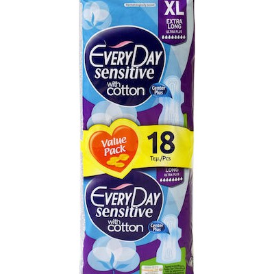 EVERYDAY Sensitive Ultra Plus with Cotton Extra Long (Value Pack) Σερβιέτες Με Φτερά Προστασίας Για Πολύ Μεγάλη Ροή 18 Τεμάχια