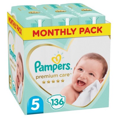 PAMPERS Βρεφικές Πάνες Premium Care No.5 11-18Kgr 136 Τεμάχια Monthly Pack