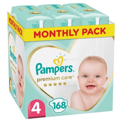 PAMPERS Baby Diapers Premium Care No.4 9-14Kgr 168 Pieces Monthly Pack