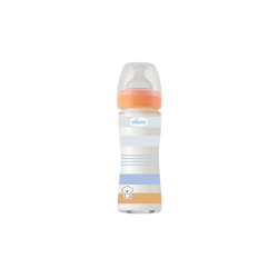 Chicco Bottle Well Being Anti-Colic System Glass Γυάλινο Μπιμπερό Με Θηλή Αργής Ροής 0+ Μηνών Πορτοκαλί-Μπλε 240ml