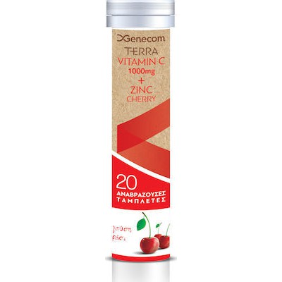 GENECOM Terra Vitamin C 1000mg & Zinc 10mg Cherry Συμπλήρωμα Διατροφής Με Βιταμίνη C & Ψευδάργυρο Με Γεύση Κεράσι x20 Αναβράζοντα Δισκία