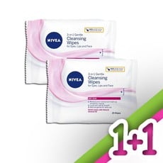 Nivea 3 in 1 Gentle Cleansing Wipes Απαλά Μαντηλάκια Καθαρισμού 25 Τμχ 1+1 Δώρο. Αφαιρούν το μακιγιάζ από μάτια, χείλη και πρόσωπο, για ξήρη επιδερμίδα.