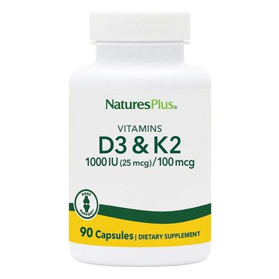 NATURE'S PLUS Vitamin D3 1000IU+K2 Συμπλήρωμα Διατροφής Για Το Ανοσοποιητικό & Νευρικό Σύστημα 90 Φυτικές Κάψουλες