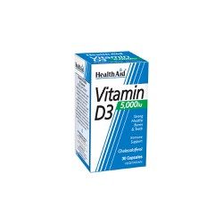 Health Aid Vitamin D3 5000iu Συμπλήρωμα Διατροφής Ιδανικό Για Όσους Δεν Εκτίθενται Αρκετά Στον Ήλιο 30 κάψουλες