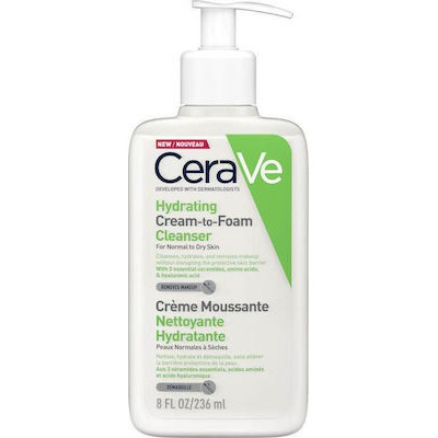 CERAVE Hydrating Hydrating Cream-to-Foam Cleanser Normal To Dry Skin Αφρώδης Κρέμα Καθαρισμού Για Κανονικό & Ξηρό Δέρμα 236ml