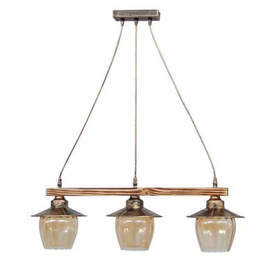 Pendant Light 3xE27 Wooden Bar With Amber Glass