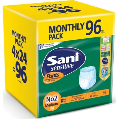 SANI Pants Sensitive Ελαστικό Εσώρουχο Ακράτειας Νο2 Medium 96 Τεμάχια (4x24) Monthly Pack