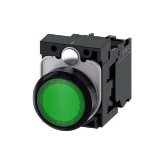 Button with Flat Button and LED Green 230VAC/DC 3S