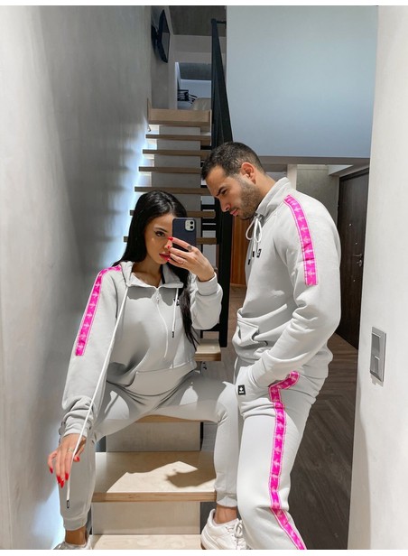 Magicbee half zip pink tape hoodie - ice grey