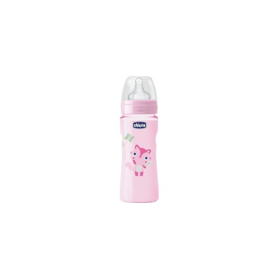 CHICCO Μπιμπερό Πλαστικό Well Being Με Θηλή Σιλικόνης Γρήγορης Ροής Ροζ 4m+ 330ml