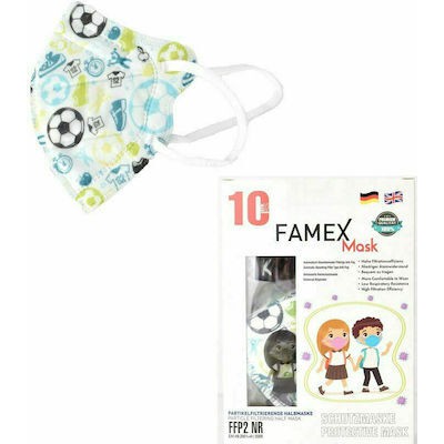 FAMEX Μάσκα Προσώπου Υψηλής Προστασίας KN95-FFP2 Χωρίς Βαλβίδα Παιδική Λευκή Με Ποδόσφαιρο x10