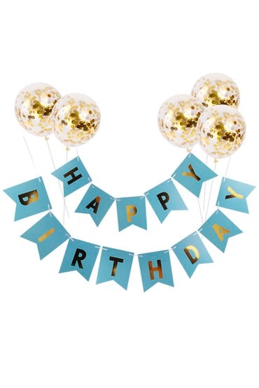 Happy Birthday banner σιέλ με μπαλόνια που έχουν χρυσό confetti