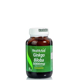 Health Aid Ginkgo Biloba 5000mg 30caps. Φυσικό τονωτικό του κυκλοφορικού με υψηλή περιεκτικότητα σε φλαβονοειδή, για την διατήρηση της καλής λειτουργίας του εγκεφάλου, της μνήμης και της κυκλοφορίας του αίματος στα άκρα.