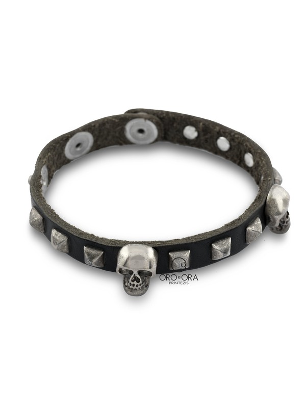 Silver Skulls Leather Bracelet