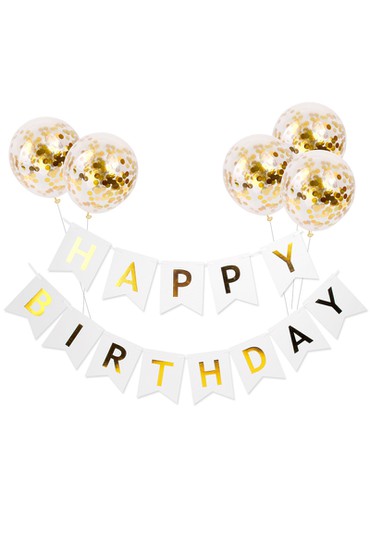 Happy Birthday banner λευκό με μπαλόνια που έχουν χρυσό confetti