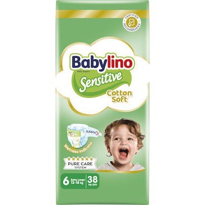 BABYLINO Sensitive Cotton Soft Νο.6 13-18kg Απορροφητικές & Πιστοποιημένα Φιλικές Παιδικές Πάνες 38 Τεμάχια