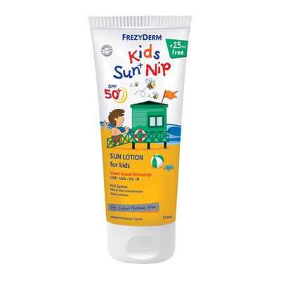 FREZYDERM Kids Sun + Nip SPF50+, Παιδικό Αντιηλιακό Γαλάκτωμα Για Πρόσωπο & Σώμα Με Εντομοαπωθητικές Ιδιότητες, 175ml
