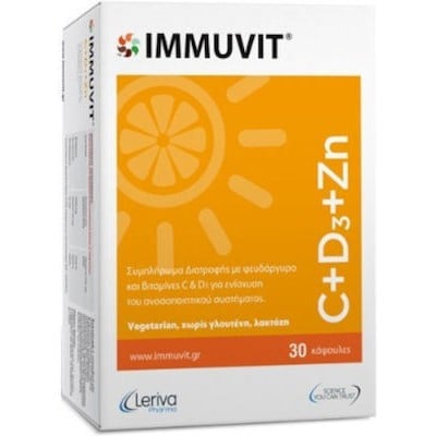 IMMUVIT C+D3+Zn Συμπλήρωμα Διατροφής Mε Βιταμίνες C, D3 & Ψευδάργυρο Για Την Ενίσχυση Toυ Ανοσοποιητικού 30 Κάψουλες