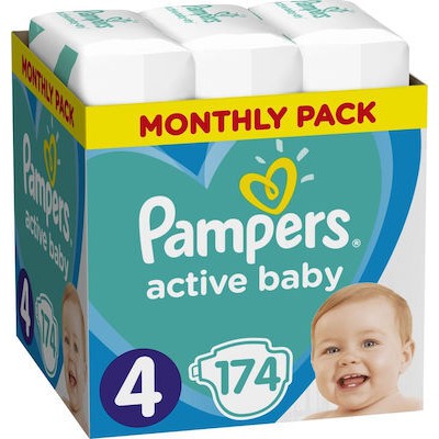 PAMPERSPAMPERS Βρεφικές Πάνες Active Baby No.4 9-14Kgr 174 (3 Συσκευασίες Των 58 Τεμαχίων)