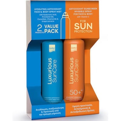 LUXURIOUS Pack Sun Care Hydrating Antioxidant Mist Face & Body 200ml & Antioxidant Sunscreen Invisible Spray SPF 50+ 200ml