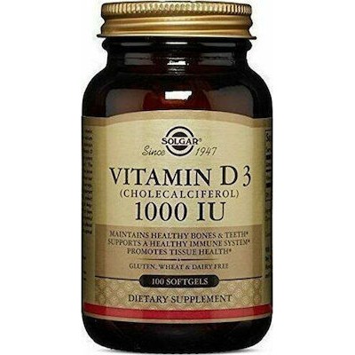 SOLGAR Vitamin D3 1000IU Συμπλήρωμα Διατροφής Βιταμίνης D3 100 Μαλακές Κάψουλες