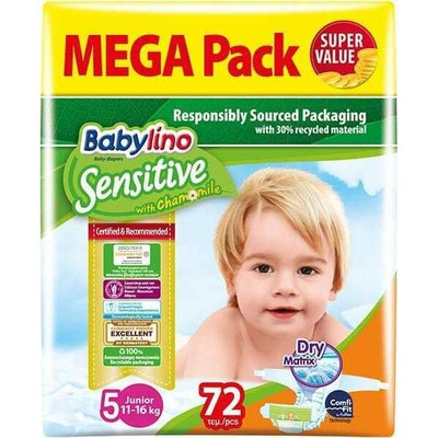 Babylino Sensitive Junior Νο.5 (11-16 kg) Mega Pack Απορροφητικές & Πιστοποιημένα Φιλικές Παιδικές Πάνες 72 Τεμάχια