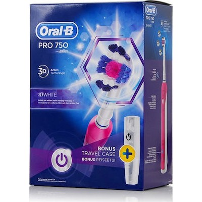ORAL-B Ηλεκτρική Οδοντόβουρτσα Pro 750 3D White + Δώρο Θήκη Ταξιδιού Pink