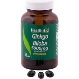 Health Aid Ginkgo Biloba 5000mg 30caps. Φυσικό τονωτικό του κυκλοφορικού με υψηλή περιεκτικότητα σε φλαβονοειδή, για την διατήρηση της καλής λειτουργίας του εγκεφάλου, της μνήμης και της κυκλοφορίας του αίματος στα άκρα.