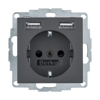 Berker S.1/B.3/B.7 2P+E/2XUSB Socket Black Gray 48
