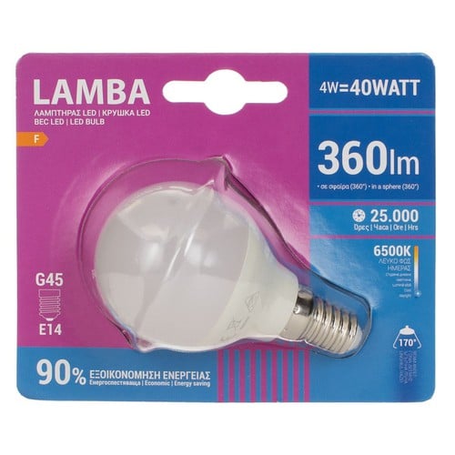 Llambë LED SMD, model glob G45, E14, 6500K, 360lm