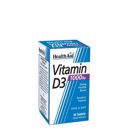 Health Aid Vitamin D3 1000iu 30tabs. Η Vitamin D3 είναι σημαντική για την υγιή ανάπτυξη, για την συντήρηση δυνατών οστών και δοντιών και για τον πολλαπλασιασμό των κυττάρων.