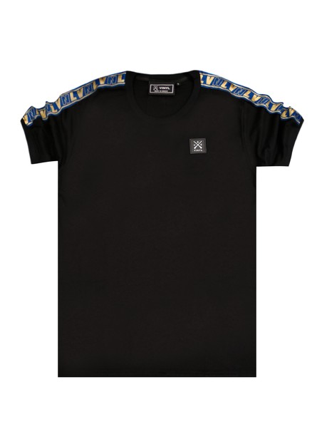 Vinyl art clothing t-shirt with logo tape - black
