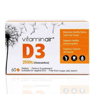 VITAMINAIR D3 2500IU Συμπλήρωμα Διατροφής Βιταμίνης D3 - Καλή Υγεία Οστών, Μυών, Δοντιών & Ανοσοποιητικού Συστήματος  x60 Ταμπλέτες