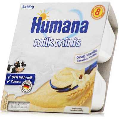 HUMANA Milk Minis Semolina Vanilla - Επιδόρπιο Γιαουρτιού Από τον 8ο Μήνα Με Σιμιγδάλι & Βανίλια 4x100gr