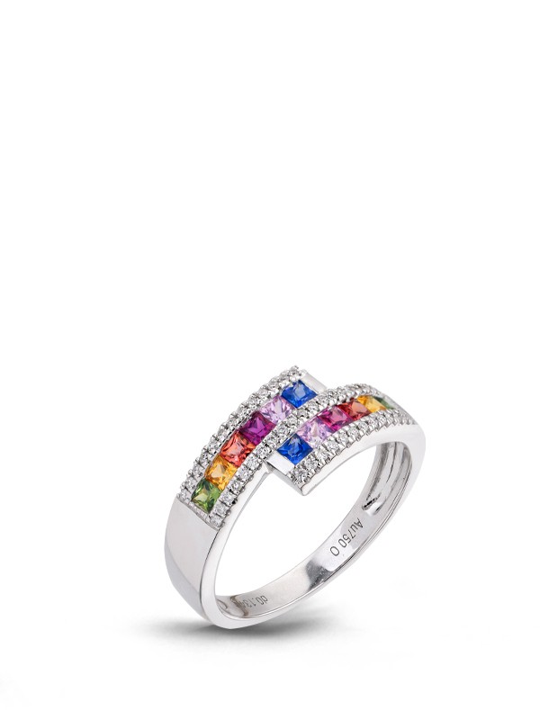 Δαχτυλίδι Λευκόχρυσο Κ18 με Multicolor Ζαφείρια και Διαμάντια