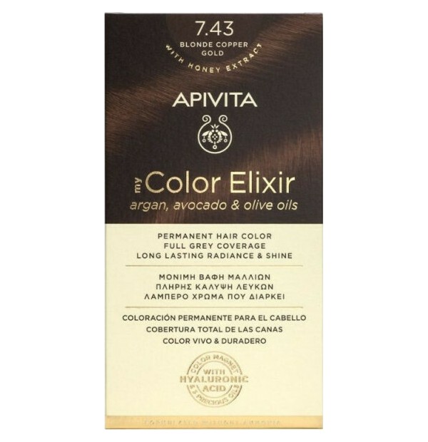 Apivita My Color Elixir Νο 7.43 Βαφή Μαλλιών Ξανθό Χάλκινο Μελί με Έλαια Άργκαν, Αβοκάντο & Ελιάς, 1τεμ